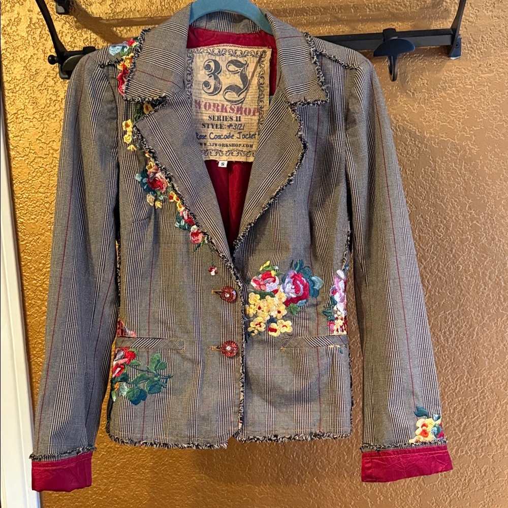 Stunning Embroidered Floral Blazer with Red Accents